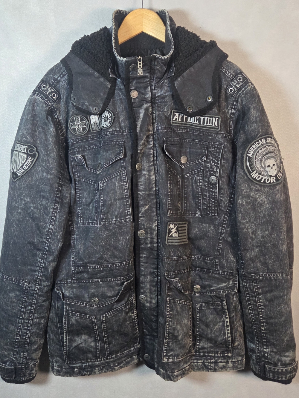 Affliction Motorcycle Chief Jacket Mens Black Hooded Distressed Patches